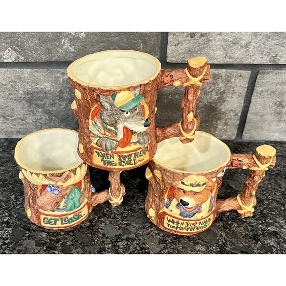 (3) Enesco Moose Creek Crossing 3D Mugs 1995 Go Fishin’, Get Loose, Go Wild - Picture 2 of 14